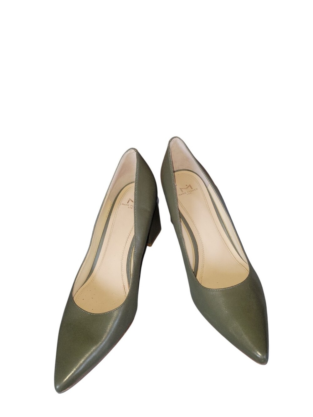 Marc Fisher LTD Women's Olive Green Pointed-Toe Leather Block Heel Pumps Sz 9M